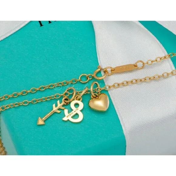Tiffany & Co 18k Gold Necklace Rare "Heart & Arrow" 3-Charm Pendant on 16" Chain - Picture 2 of 5